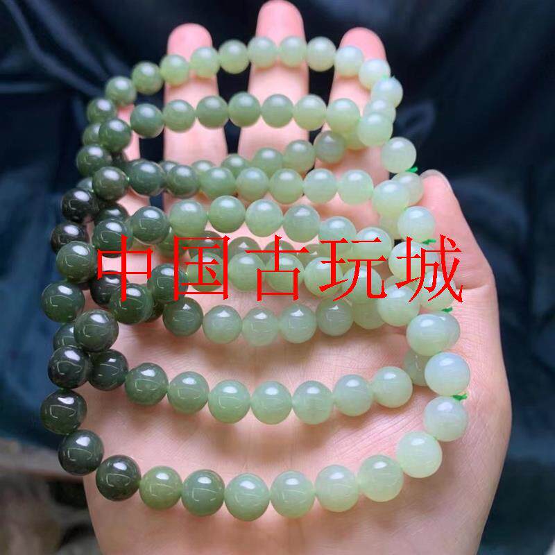 新疆和田玉青海料手链圆珠渐变色饰品水头足散珠配珠湖水绿玉手串