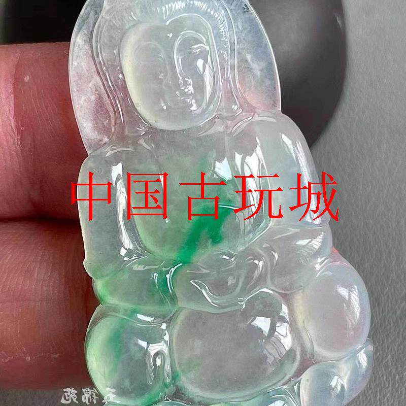 白冰飘阳绿花翡翠色观音菩萨玉坠