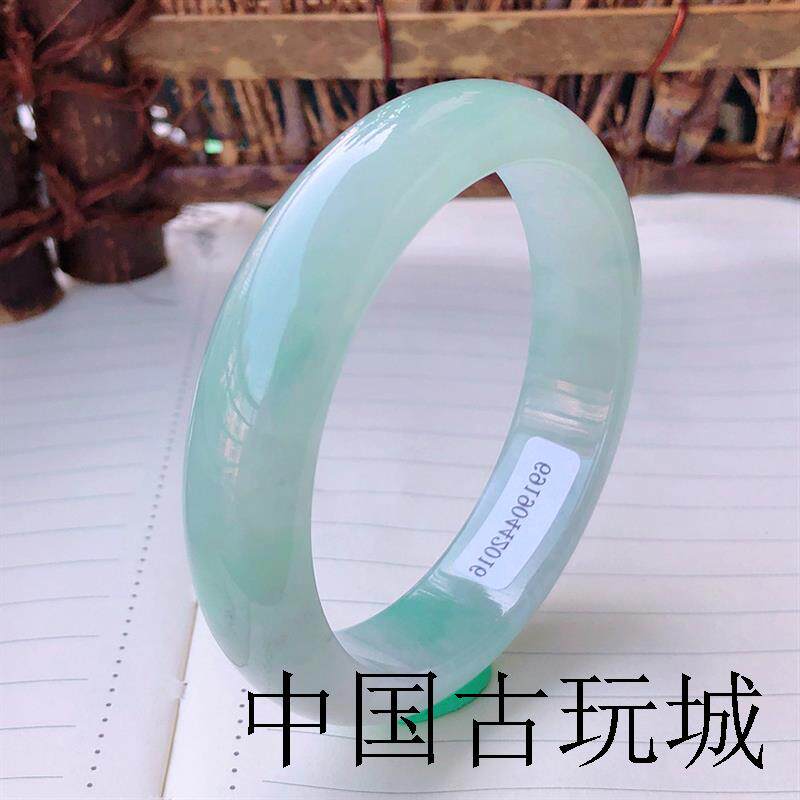 缅甸翡翠色玉手镯女士高冰种单色窄版透绿正圆玉镯子女款贵妃手镯