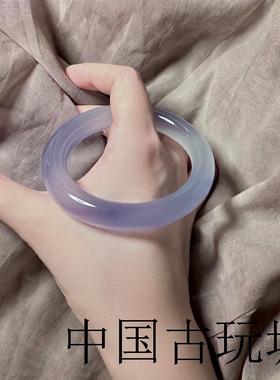 冷白冰高端玻璃种玛瑙手镯子冰种紫罗兰圆条蓝紫色玉髓保真带证书