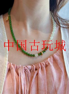 俄罗斯碧玉原创项链百搭款和田白玉菠菜绿双拼色国风新中式毛衣链