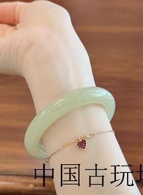 和田玉晴水手镯青白玉女玉镯子胖圆条镯子高端玉石冰底晴带证书