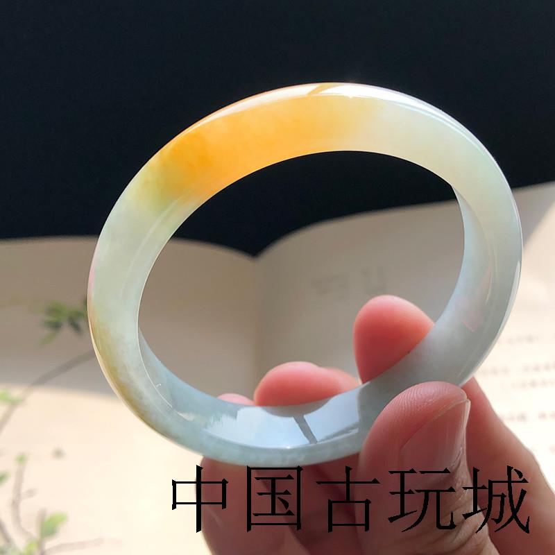 缅甸翡翠手镯冰种黄翡玉镯水润透飘花圆镯手镯送妈妈礼物高品质