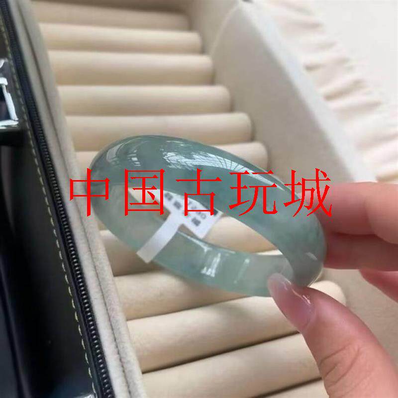 缅甸翡翠手镯冰糯种油青色冰飘花镯子海蓝宝气质女款百搭扁条玉镯