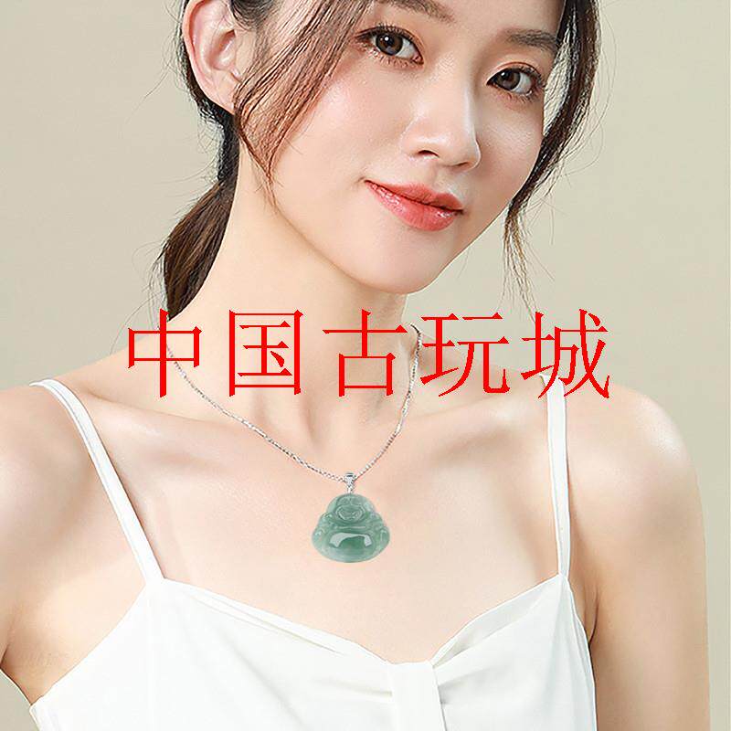 缅甸翡翠色大肚佛公镀银项链冰种油青色弥勒佛玉石男女款笑佛吊坠