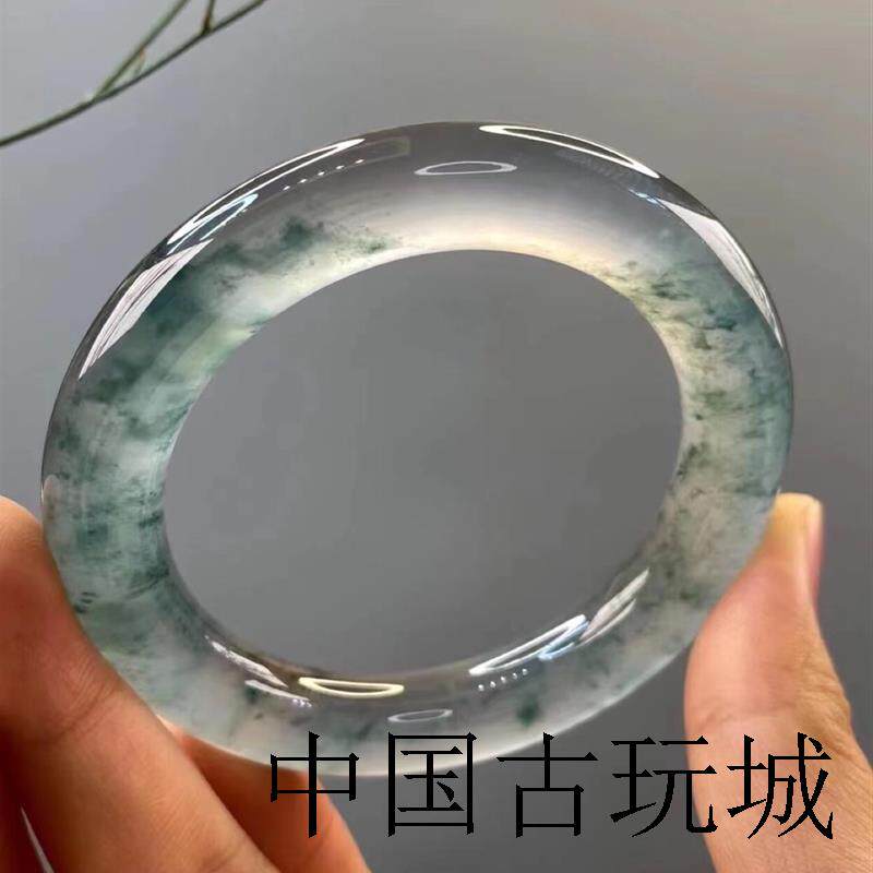 高端缅甸真玉冰种飘蓝花翡翠色手镯女款贵妃玉镯子处理圆条玉手镯