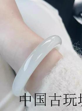 冰种飘花白玉髓手镯月光玛瑙玉手镯女年轻款翡翠色荔枝冻手环冰透