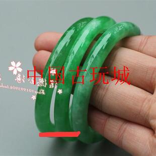 缅甸翡翠色手镯危地马拉冰透阳绿水润满绿飘绿花圆条女玉手镯处理
