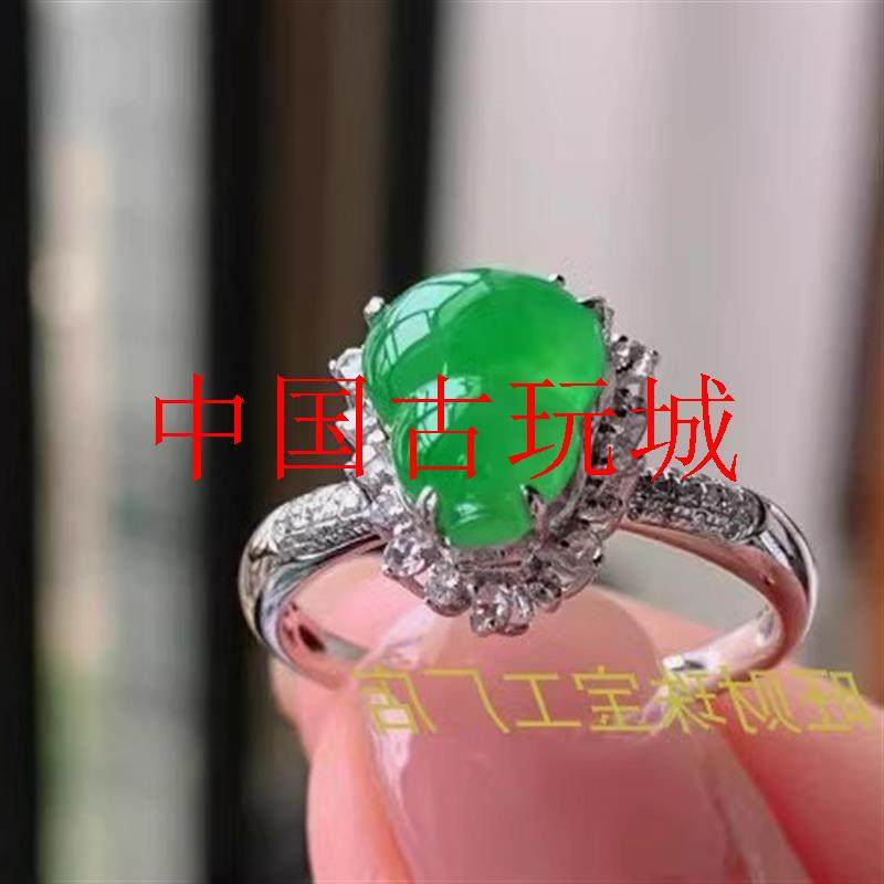 旺财珠宝新品翡翠色玉石高冰种阳绿葫芦镶嵌银饰戒指女款饰品处理