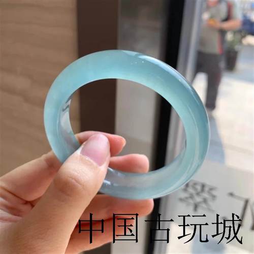 蓝水冰种海蓝宝玉镯晴水底天青冻镯子天空蓝翡翠色色石英岩玉手镯
