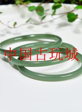 和田玉手镯青玉色粉青湖水绿细圆条青海料青白玉美人镯女款玉镯子
