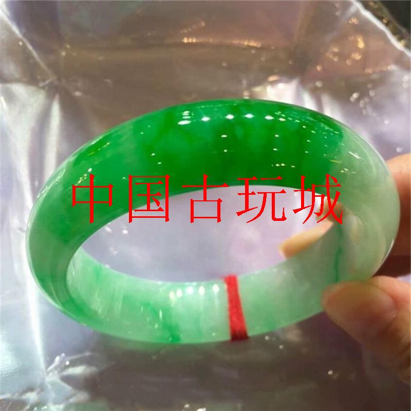 缅甸翡翠色老坑手镯冰糯种白底飘阳绿玉镯高级宽版白绿玉镯子女款