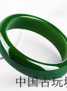 新疆和田玉色碧玉镯子高端老坑料冰底手镯菠菜绿女款玉石扁条手镯