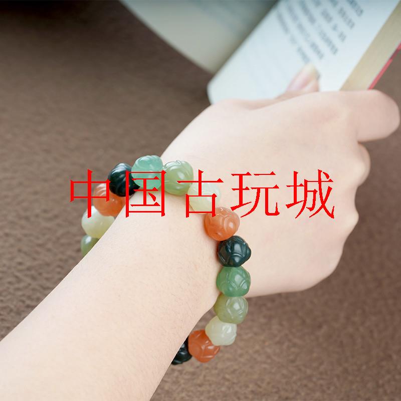 新款新疆和田玉老坑多宝手串雕刻莲花珠散珠单圈手串男女款玉手链