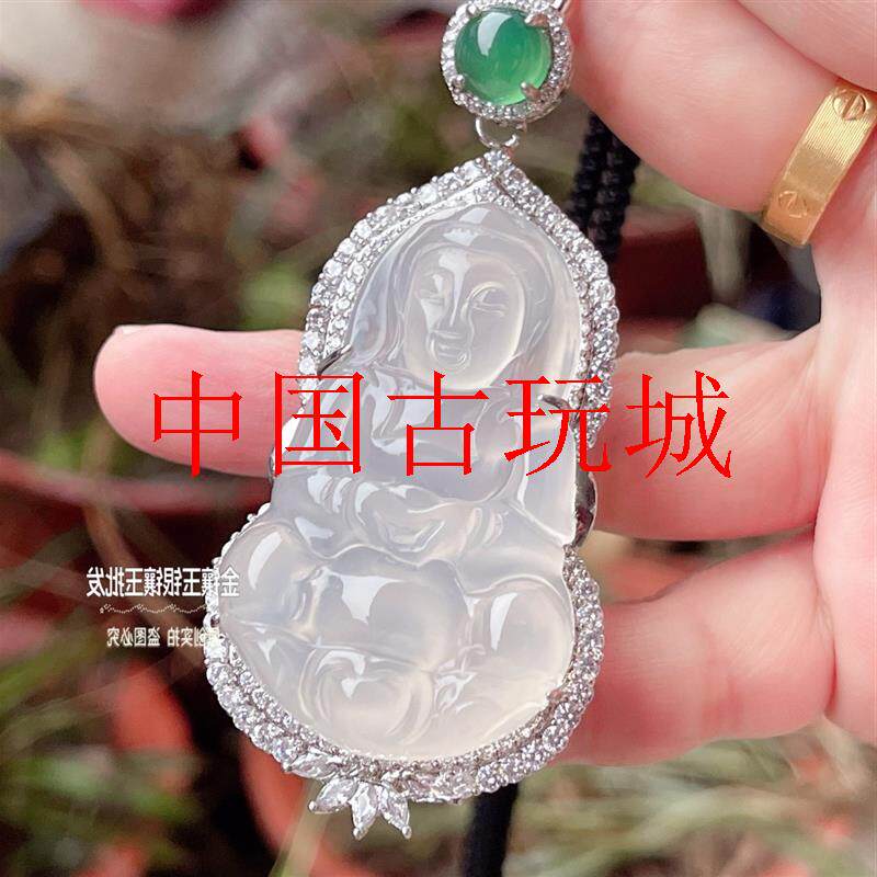 精品高冰玉髓观音吊坠冰种白冰色玛瑙玉石佛公挂件女款玉观音饰品