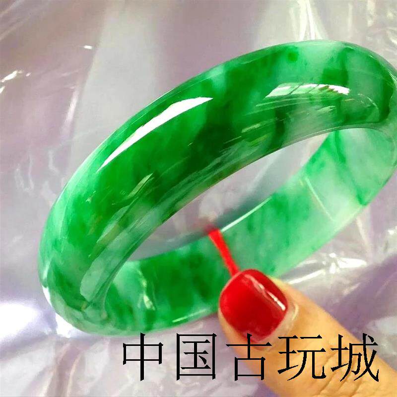 中国古玩城缅甸翡翠色玉镯子女冰糯种辣绿飘花帝王绿玉石正圈手镯