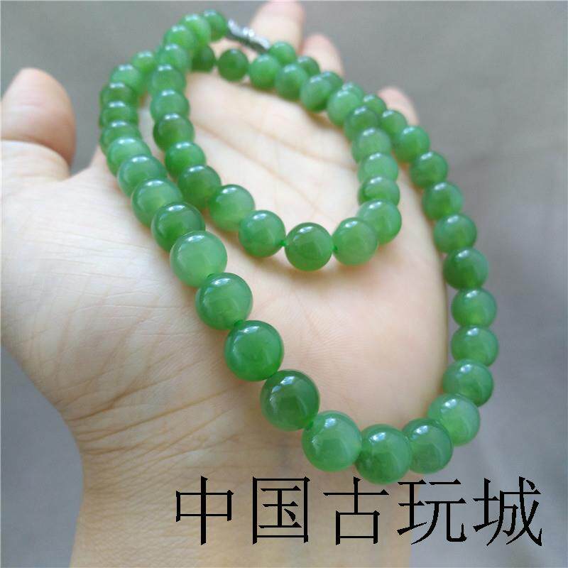 高端和田玉碧玉猫眼项链女款鸭蛋青阳绿色菠菜绿卡8-10mm多圈手串