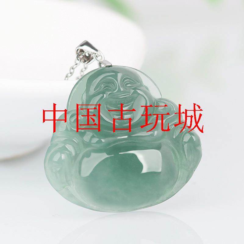 缅甸翡翠色油青佛公弥勒佛吊坠镀银项链冰种玉石挂件男女款毛衣链