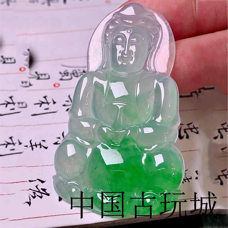翡翠色观音头玉吊坠男女款缅甸老坑玉石器冰种飘绿花阳绿锁骨项链