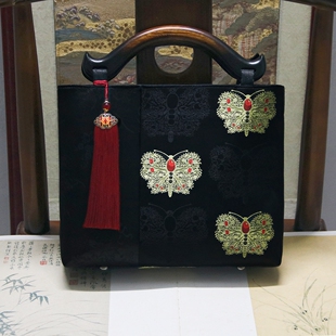 民族风织锦旗袍包单肩斜跨禅意复古实木手提汉服国风包女灵莲原创