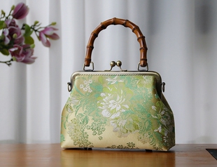 民族风复古竹节手提中式旗袍包单肩斜跨禅意织锦旗袍女包灵莲原创