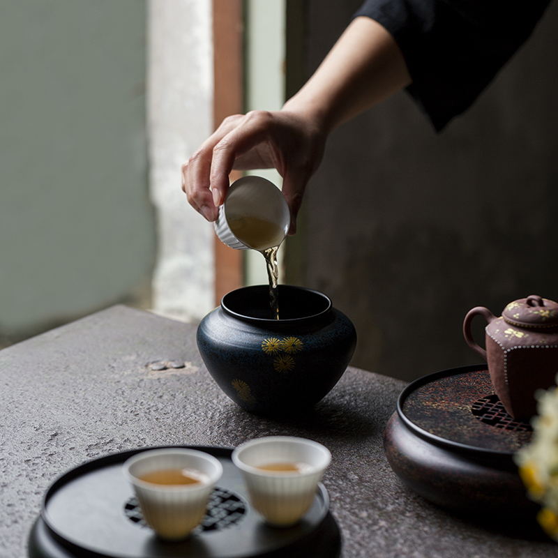 老铁漆建水茶渣缸家用茶具