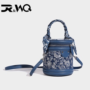 DR&WQ高顏值刺繡拼接手提圓筒包包國(guó)風(fēng)百搭時(shí)尚 通勤單肩斜跨包包