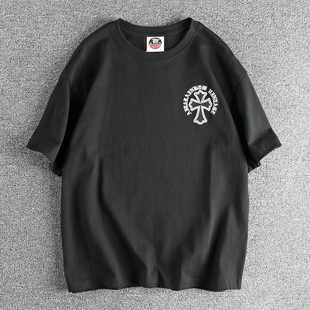 打底 舒适宽松复古潮流圆领半袖 香港潮牌280G双纱棉刺绣短袖 T恤男