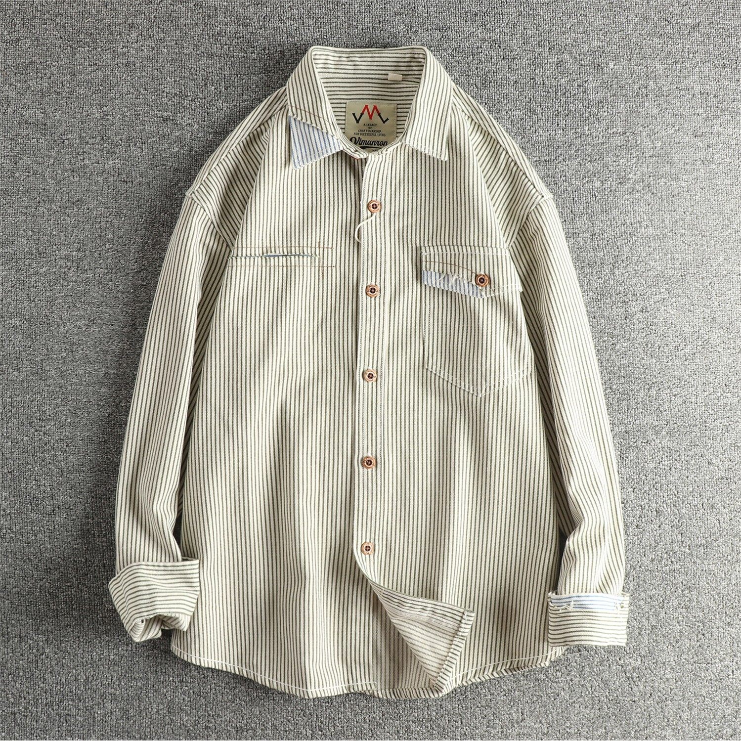 香港潮牌复古补丁拼接设计美式复古男士牛仔长袖衬衫条纹潮流外套