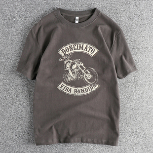 水洗磨毛纯棉舒适圆领半袖 T恤男 男 怀旧复古牛仔机车图案短袖 美式