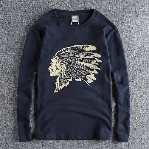 美式复古水洗长袖打底衫印第安