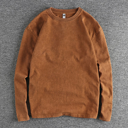 2033新款重磅复古做旧重水洗双纱全棉长袖T恤男 宽松落肩纯色打底