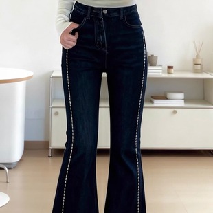 120斤的大杨 胖mm宽松微喇丹宁蓝长裤秋冬小个子设计感加绒牛仔裤