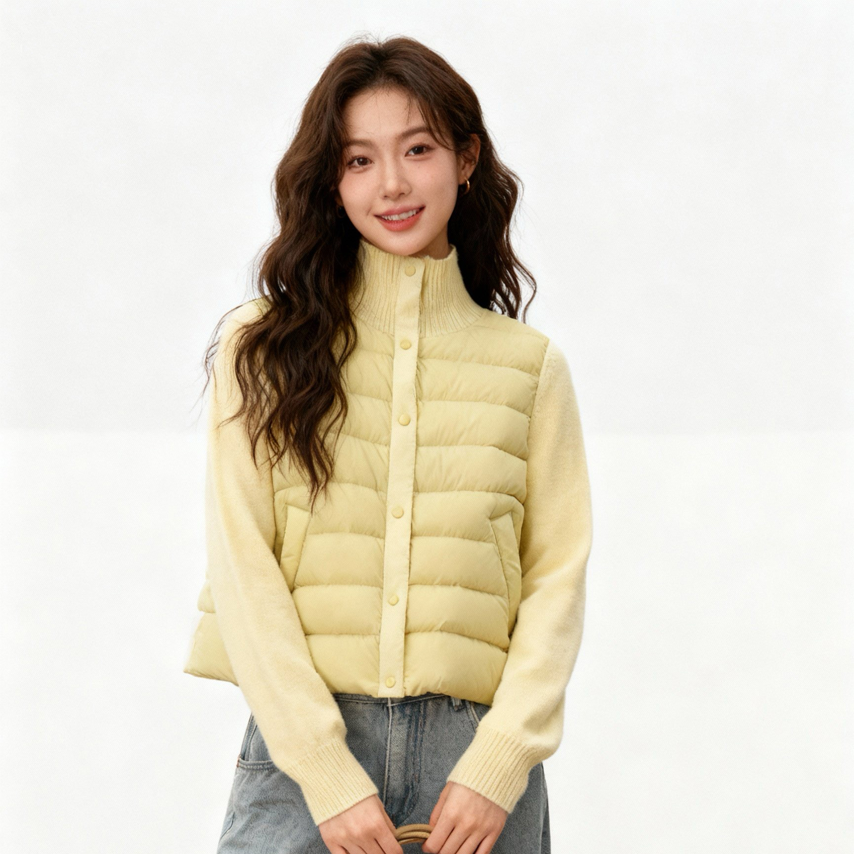 针织立领拼接排骨羽绒服短款外套