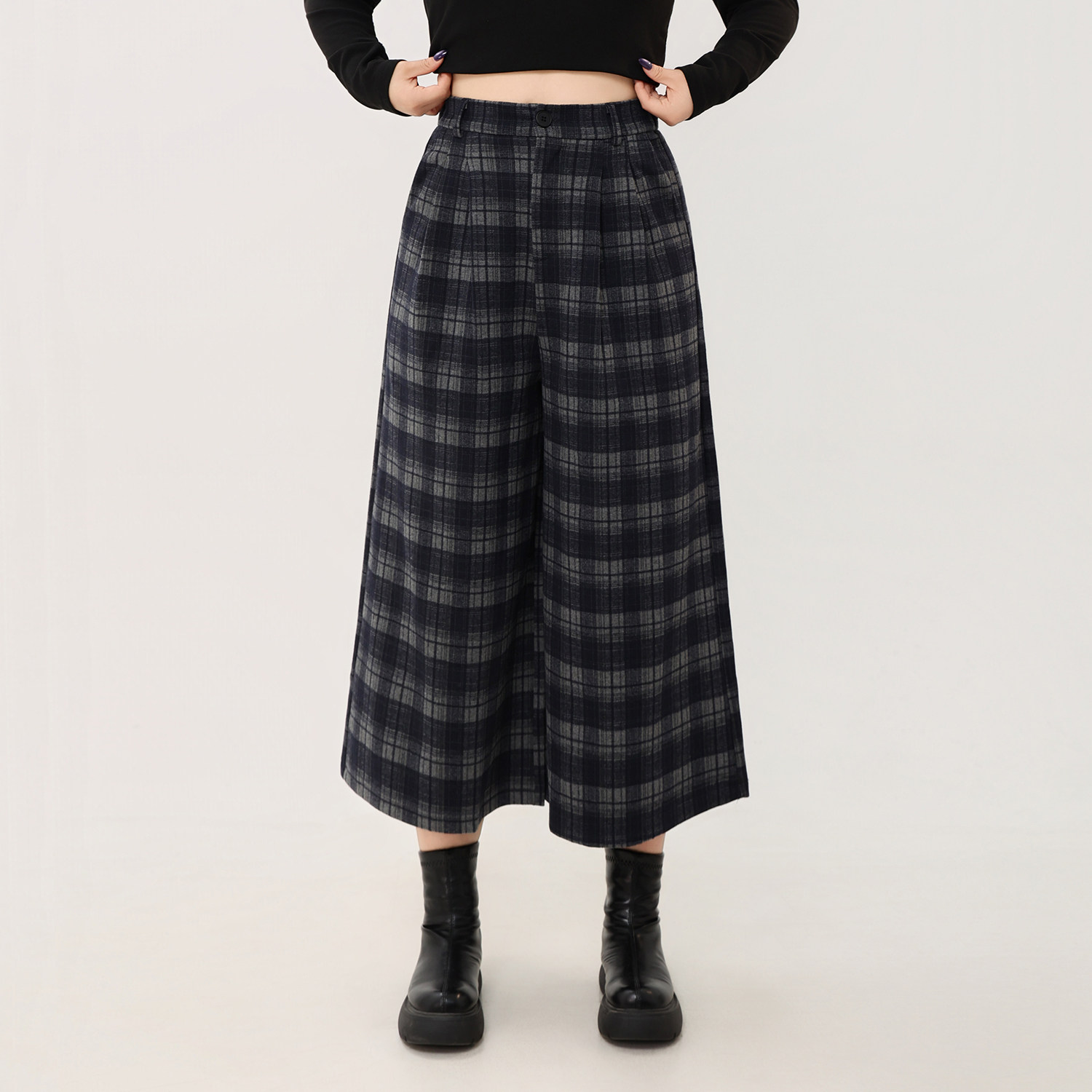 120斤的大杨 胖mm显瘦七分裙裤女秋小个子垂感格纹高腰休闲阔腿裤