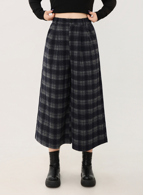 120斤的大杨 胖mm显瘦七分裙裤女秋小个子垂感格纹高腰休闲阔腿裤