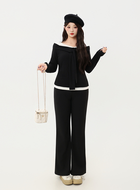 120斤的大杨 胖mm黑色加绒微喇裤女秋冬小个子高腰宽松显瘦休闲裤