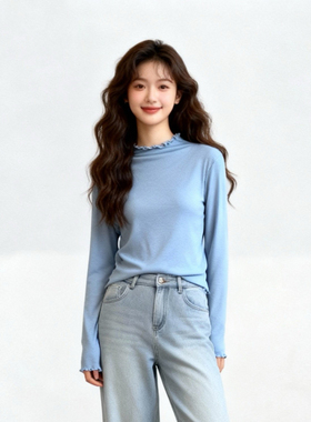 120斤的大杨 胖mm法式木耳边半高领打底针织衫小个子修身显瘦上衣