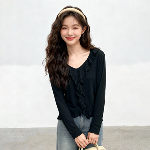 120斤的大杨 胖mm法式木耳边V领打底衫女秋百搭内搭正肩显瘦上衣