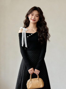 120斤的大杨 胖mm复古斜肩针织打底衫秋冬显瘦设计感蕾丝长袖上衣