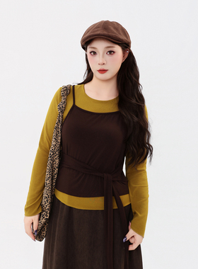 120斤的大杨 胖mm叠穿长袖T恤女秋小个子撞色背心上衣两件套显瘦