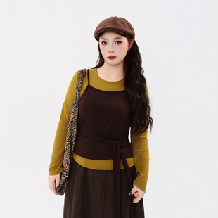 T恤女秋小个子撞色背心上衣两件套显瘦 胖mm叠穿长袖 120斤 大杨