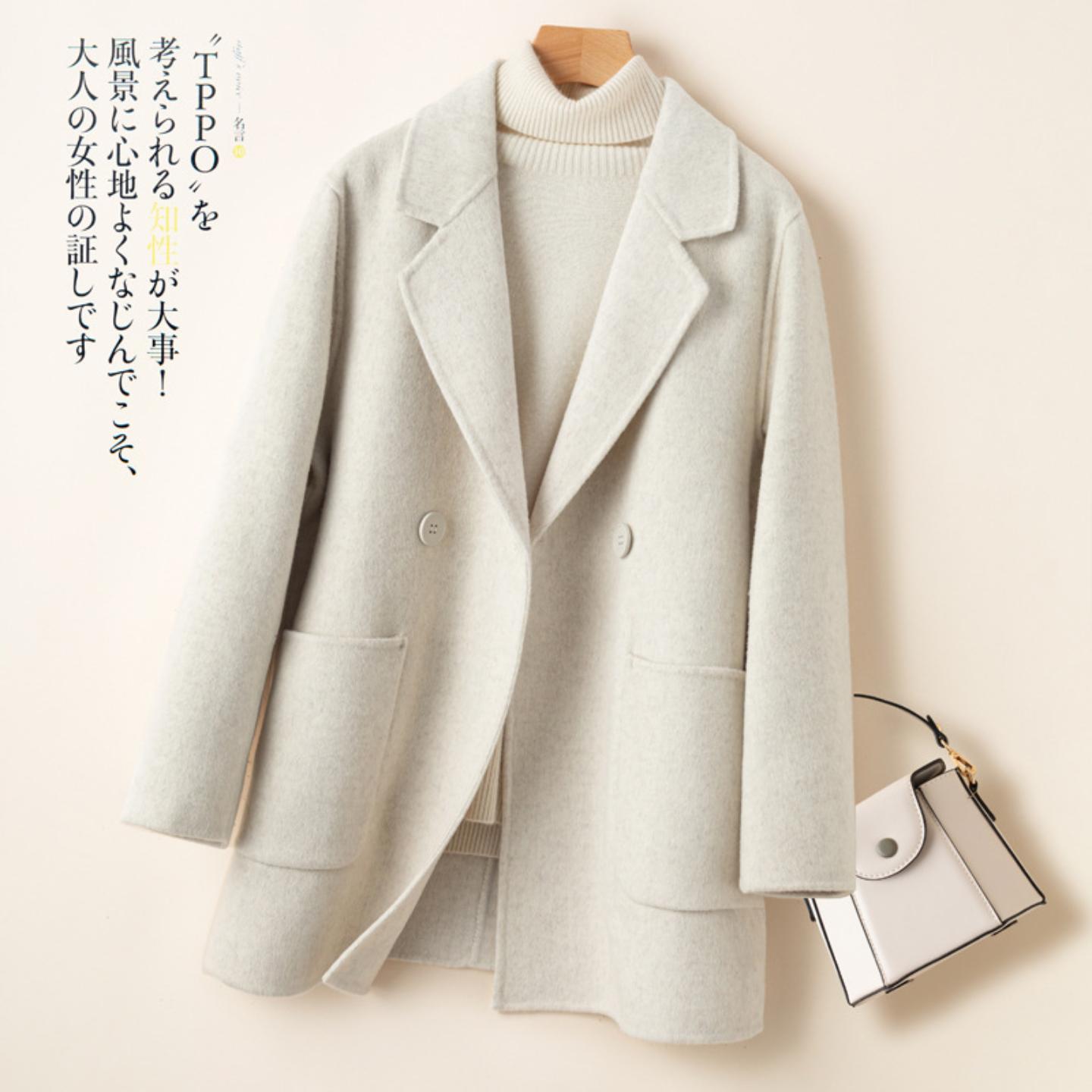 秋冬季新款双面纯羊毛大衣女羊绒宽松韩版小西装领毛呢外套中长款