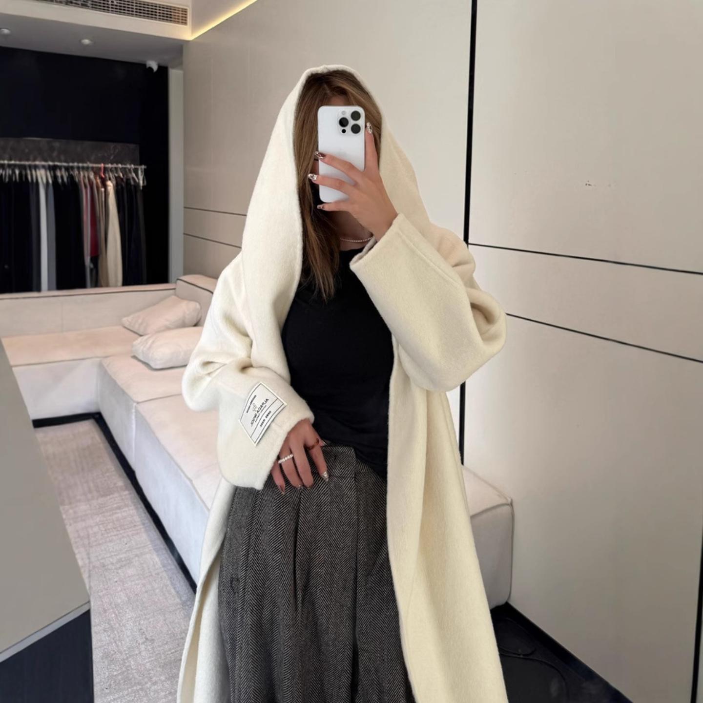 爆款韩系连帽双面羊驼绒大衣女中长款宽松气质系带羊毛呢子厚外套