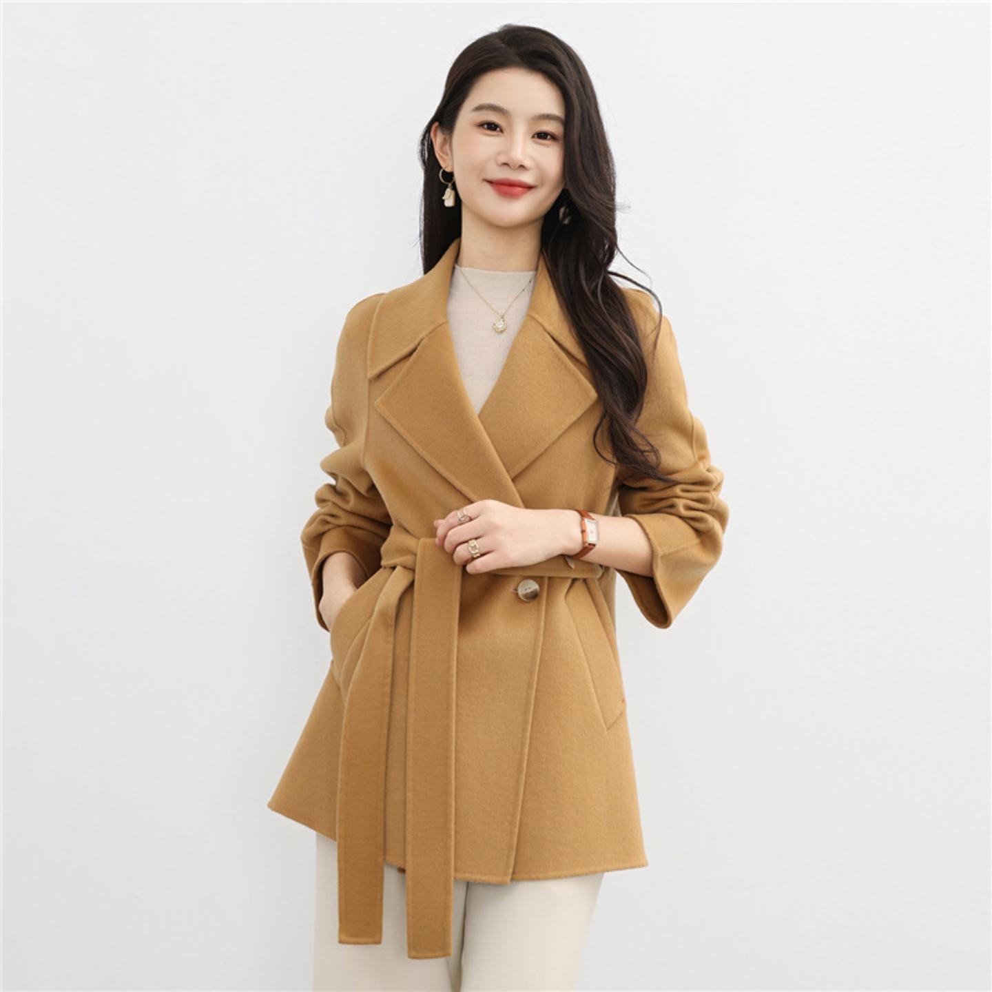 秋冬新款双面羊毛大衣女韩版减龄100％羊毛呢西服小个子呢子外套