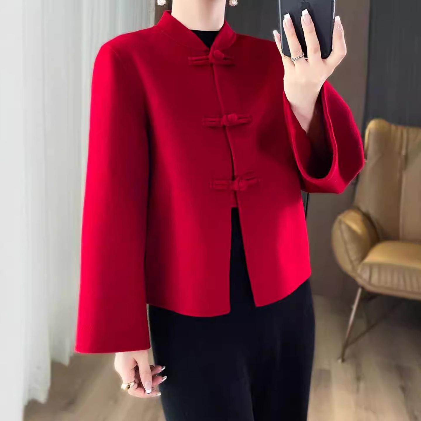新款本命年红色双面羊毛大衣伴娘羊毛新娘中长款中式盘扣毛呢外套