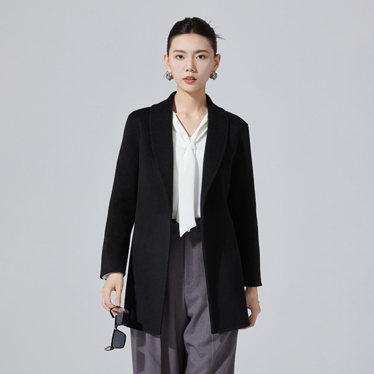 2026秋冬新款纯羊毛双面呢子大衣女士通勤软糯系带青果领时尚外套