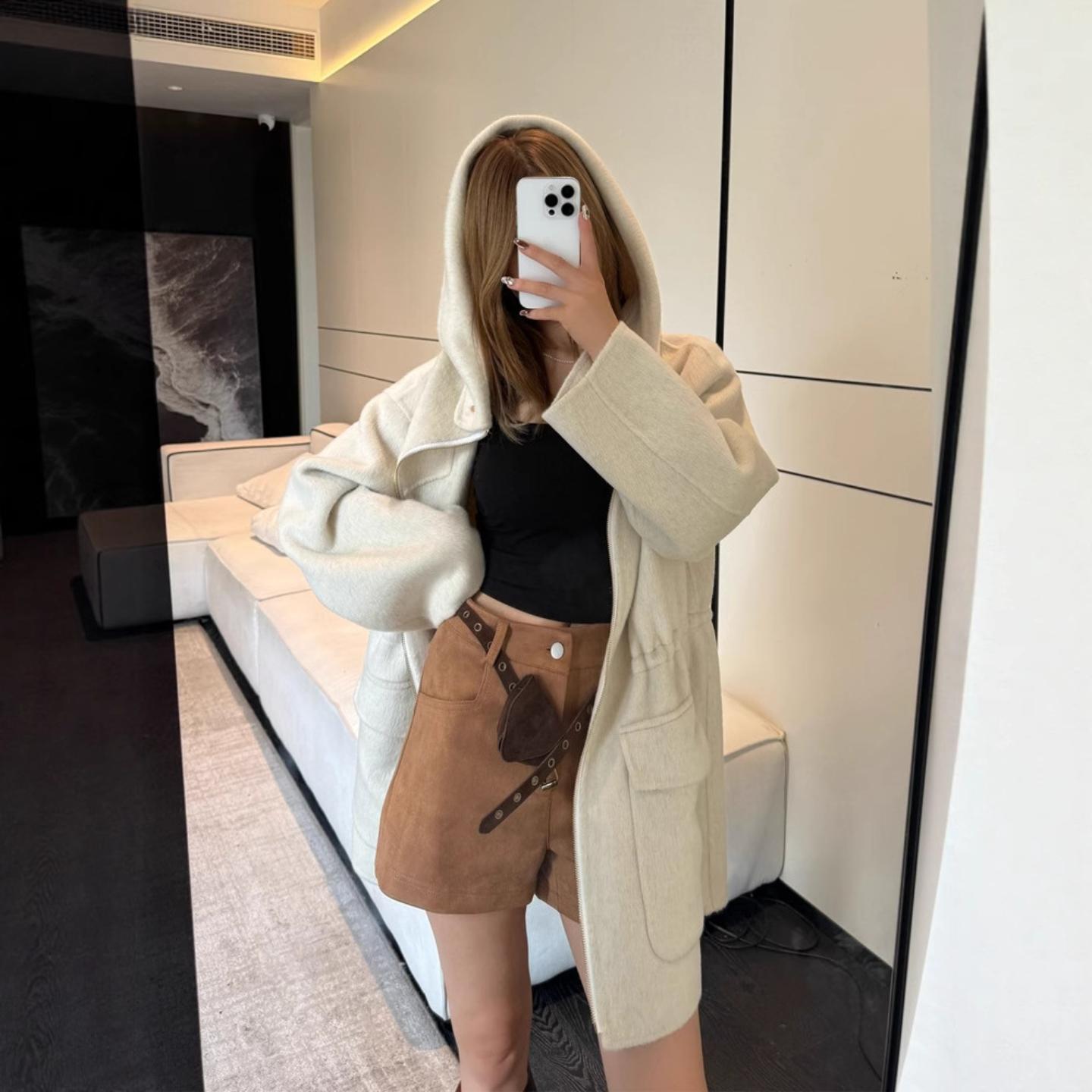 L某P同款立领连帽拉链双面羊驼绒大衣女短款抽绳老钱风羊毛呢外套