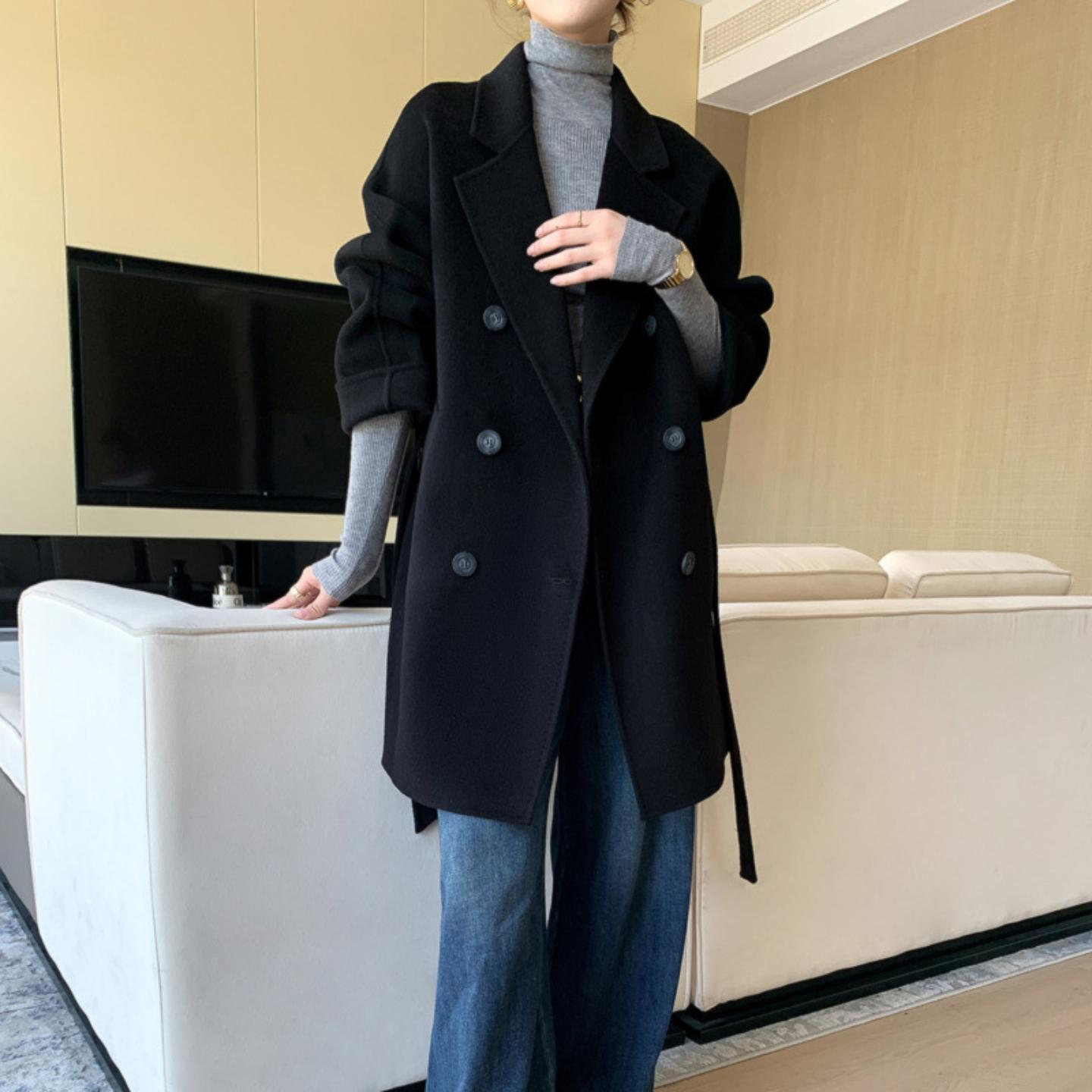 2026秋冬新款双面呢大衣女高级感长款系带纯羊毛毛女装长袖呢外套