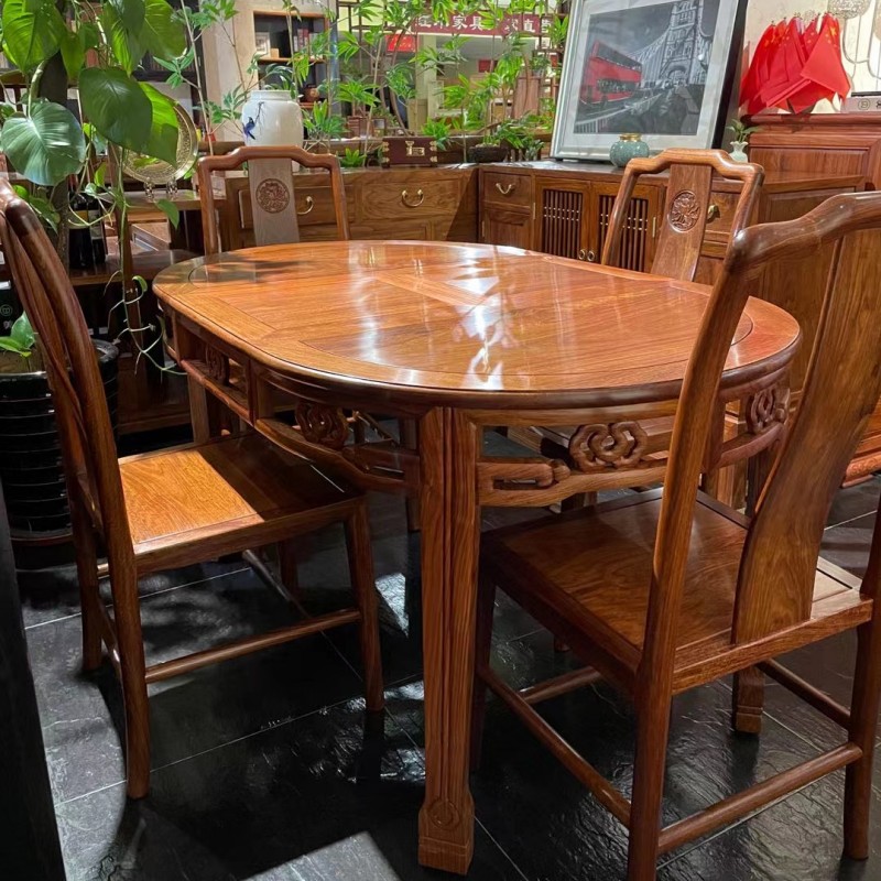 品梓红木家具新中式花梨木刺猬紫檀伸缩圆形餐桌推拉折叠餐台饭桌